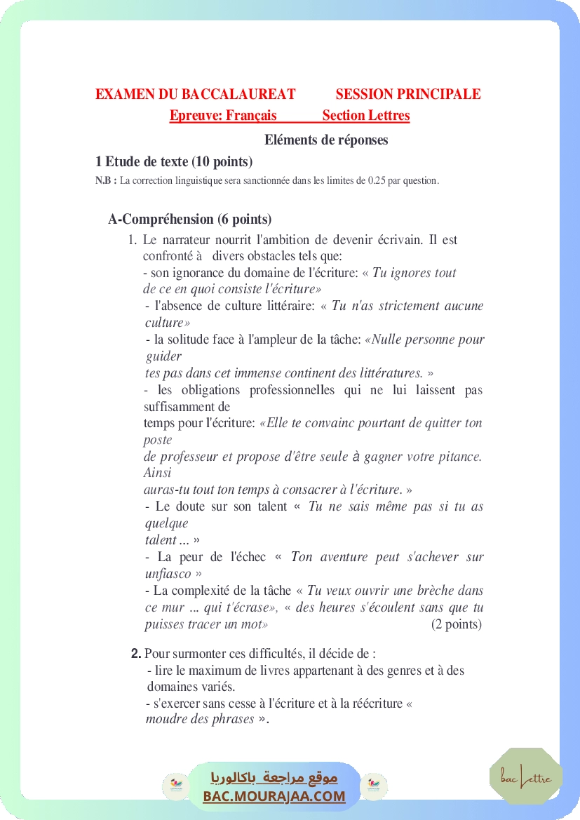 Corrigé principale francais Bac 2013 – Section lettre